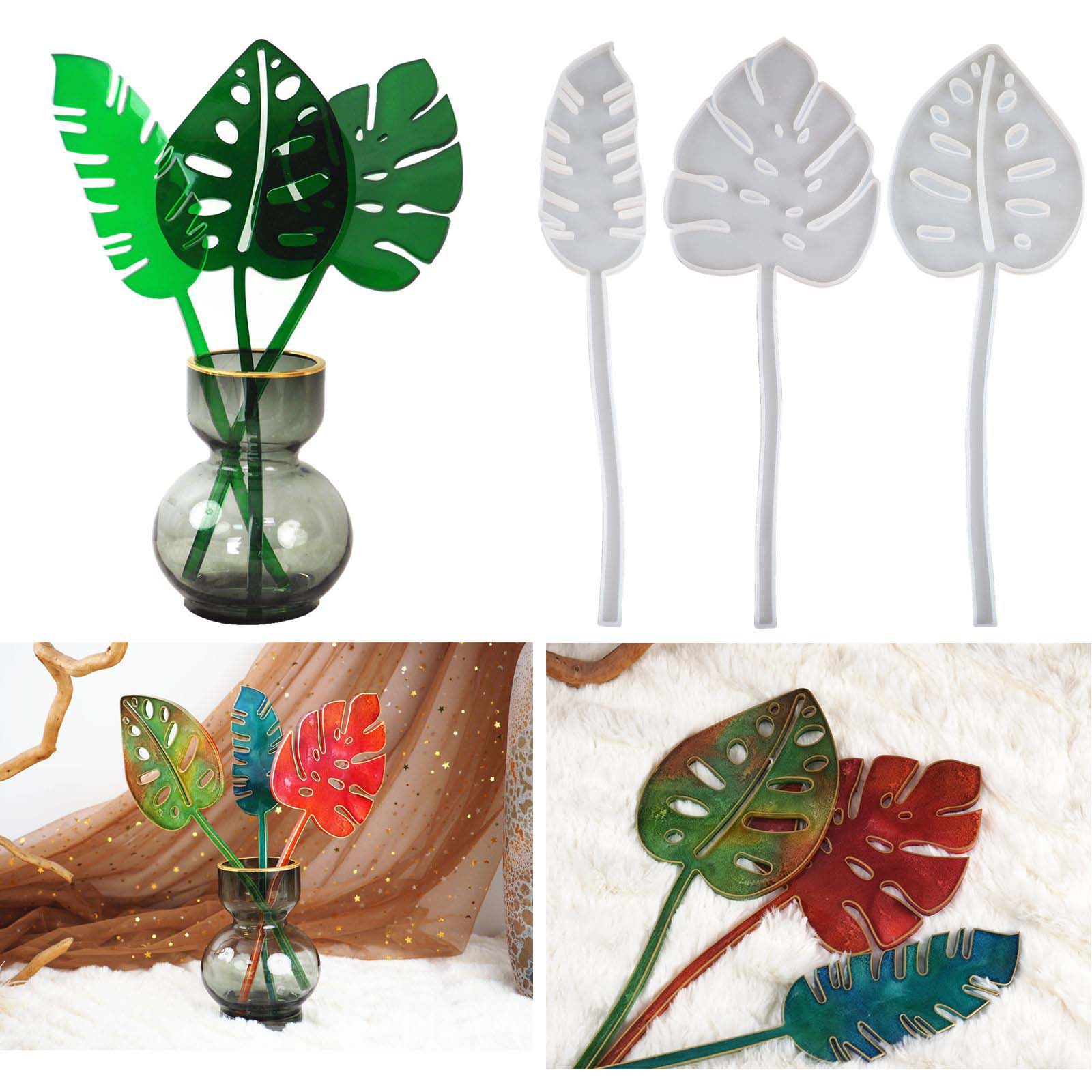 elephant ear monstera leaf 3 piece silicone resin mold set with stems